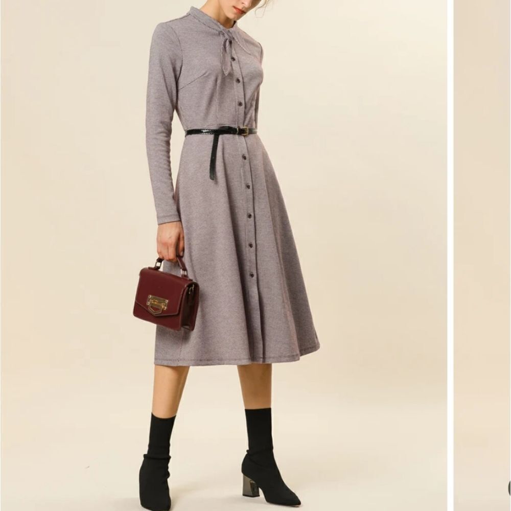 Allegra K Women's Tie Neck Button Up Work Office Plaid Houndstooth Midi Dress